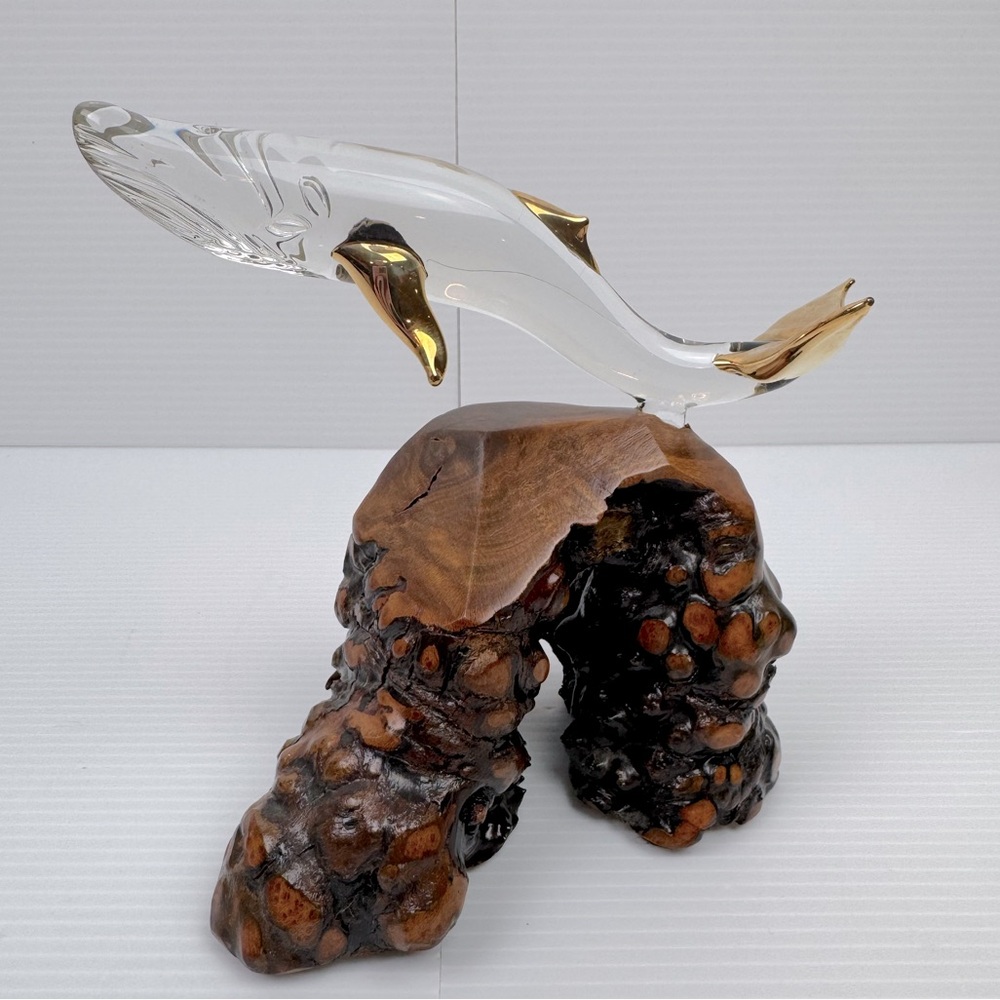 Glass Baron Humpback Whale 22kt Gold Trim Wood Base Figurine Sculpture READ FLAW